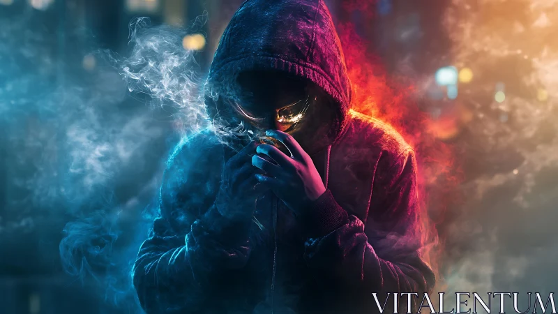 Hooded figure in glowing smoke between blue and amber light.