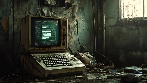 Dusty terminal computer in decayed industrial room.