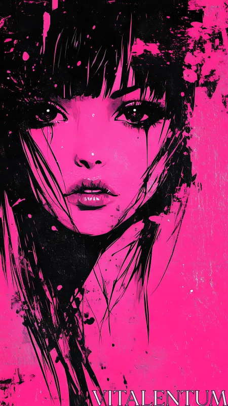 Neon pink portrait explodes with ink-splatter intensity.