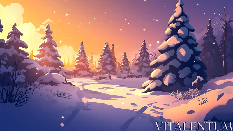 Sunlit winter forest clearing under glowing dusk sky.