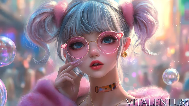 Neon city girl in pink heart glasses and fluffy coat.