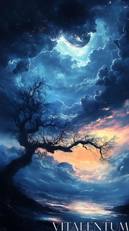 Nocturnal shoreline with twisted tree and layered clouds.