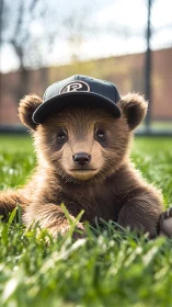 Playful bear cub in a baseball cap relaxes on sunny grass