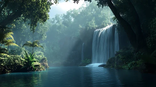 Lush jungle cascade pouring into serene teal lagoon.
