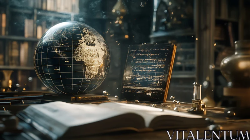 Illuminated globe and equations on desk in dim library setting.