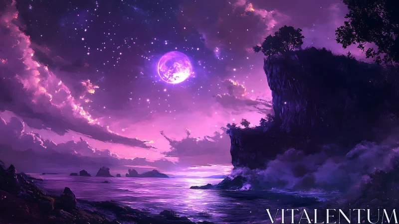Fantasy seascape under violet moonlit sky, digital painting.