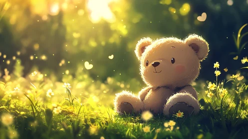 Gentle teddy bear enjoys a golden afternoon in wildflower glow