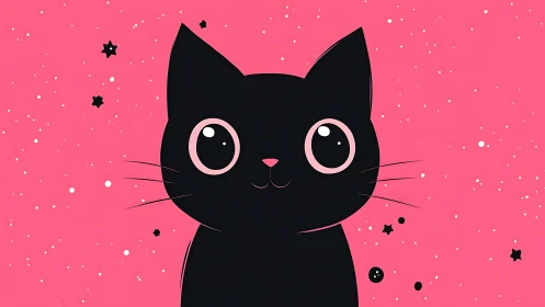 Black cat with pink eyes on pink background scattered with stars