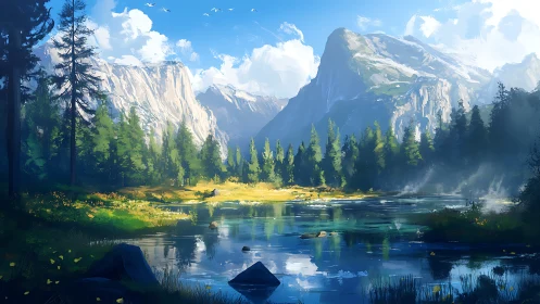 Mountain lake landscape with pine forest and bright sky.