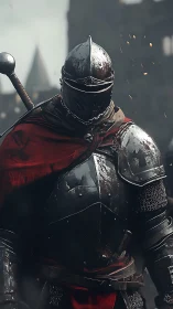 Scarred iron knight in crimson cloak amid crumbling battlements.