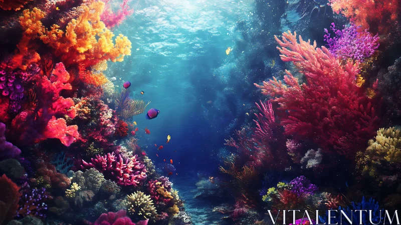 Chromatic coral reef canyon under volumetric caustic lighting