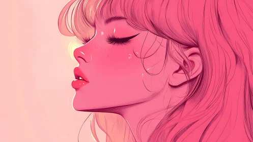 Side profile illustration of young woman in monochrome pink.