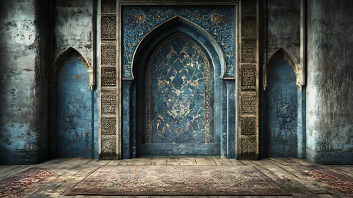 Aged blue arched doorway in ornate Islamic interior.