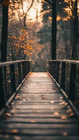 Wooden forest bridge in warm autumn evening light.