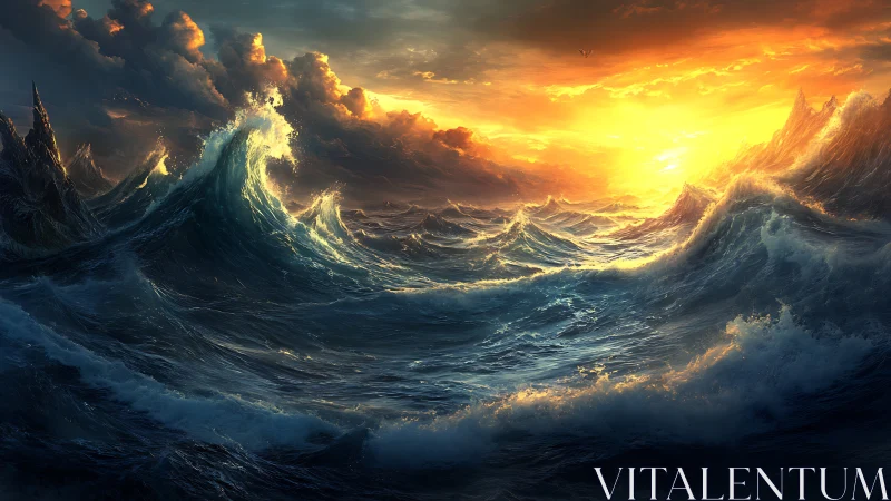 Storm-tossed ocean waves under incendiary sunset light.