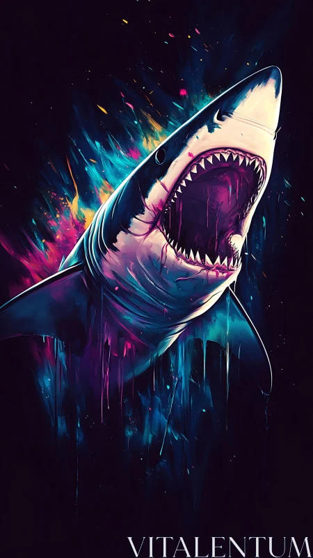 Neon-lit great white shark portrait with explosive paint splashes