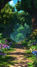 Enchanted Forest Path With Vibrant Blooms.