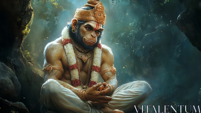 Divine monkey warrior meditates in a glowing forest sanctuary.