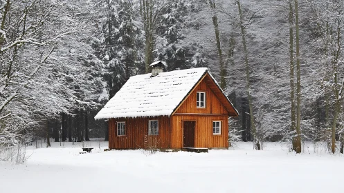 Cozy wooden cabin rests in a silent, snow-covered forest