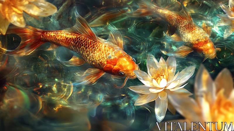 Koi lanterns glide through liquid jewels and glowing lilies