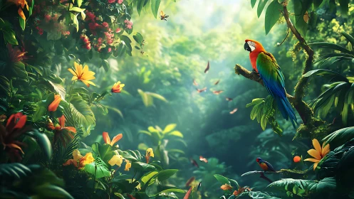 High-saturation rainforest scene with macaw under volumetric light