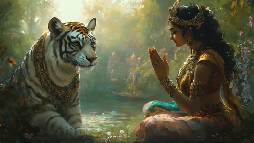 Sacred tiger and serene princess share a quiet forest prayer