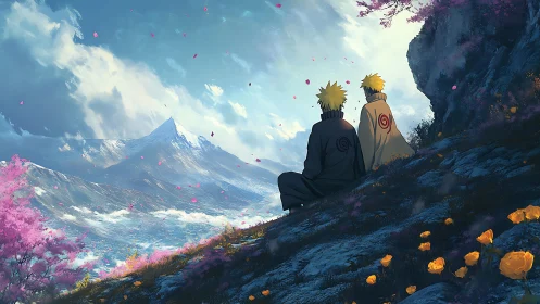 Two anime figures share a tranquil view of distant mountains