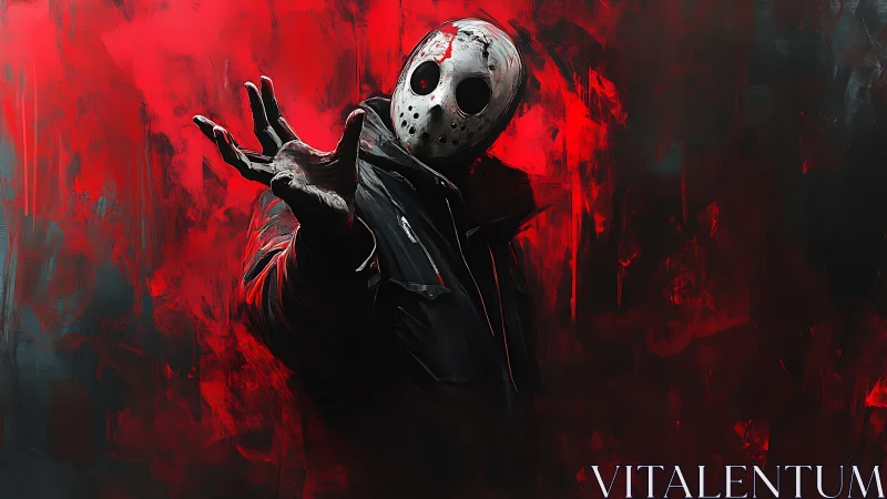 Masked slasher emerges within red abstract horror tableau.