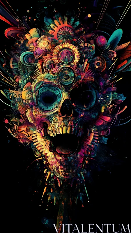 Multicolored mechanical skull formation on dark background.