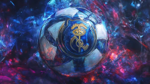 Highly polished football emblem rendered in luminous nebular energy