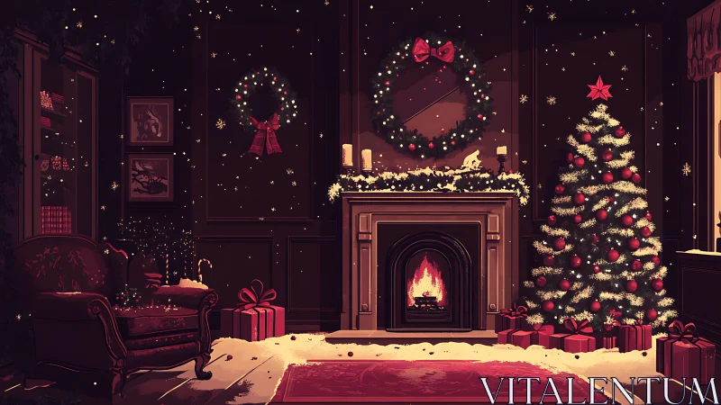 Interior fireplace scene shows decorated tree and wrapped gifts