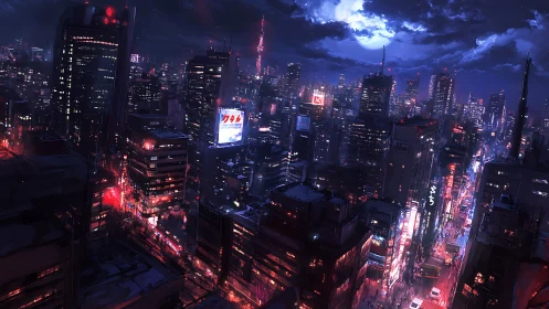 Midnight city lights glowing softly beneath a silver moon.