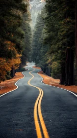 Winding forest road welcomes a calm autumn journey ahead