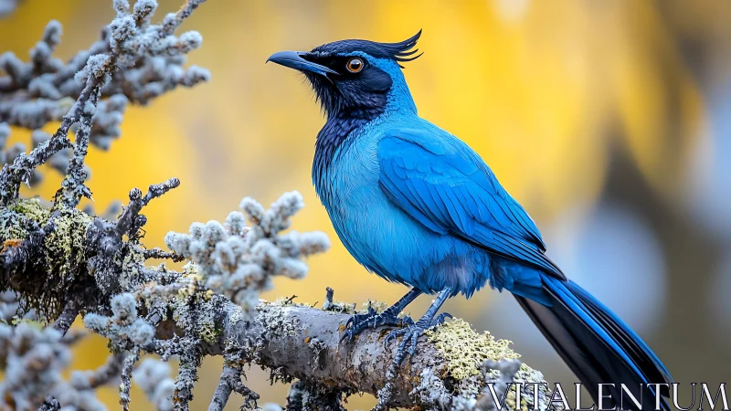 Vibrant blue songbird perched on lichen branch, autumn bokeh style.