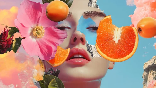 Surreal female portrait merges fruit, flowers, and sky dreamily