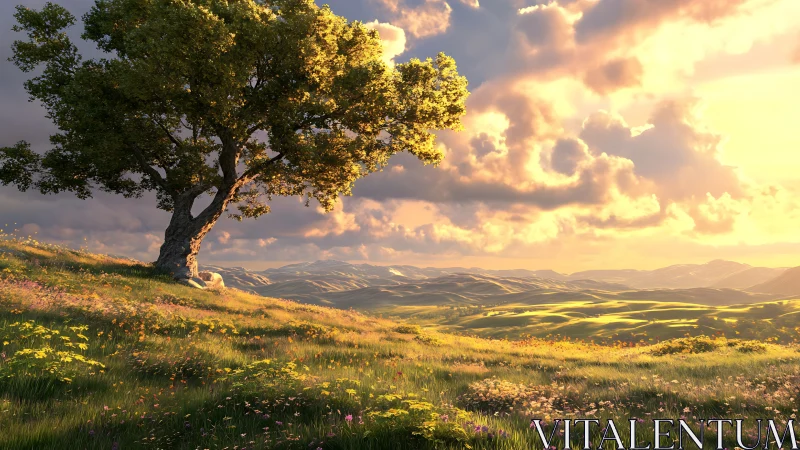 Lone hillside tree basks while rolling valleys drink sunset
