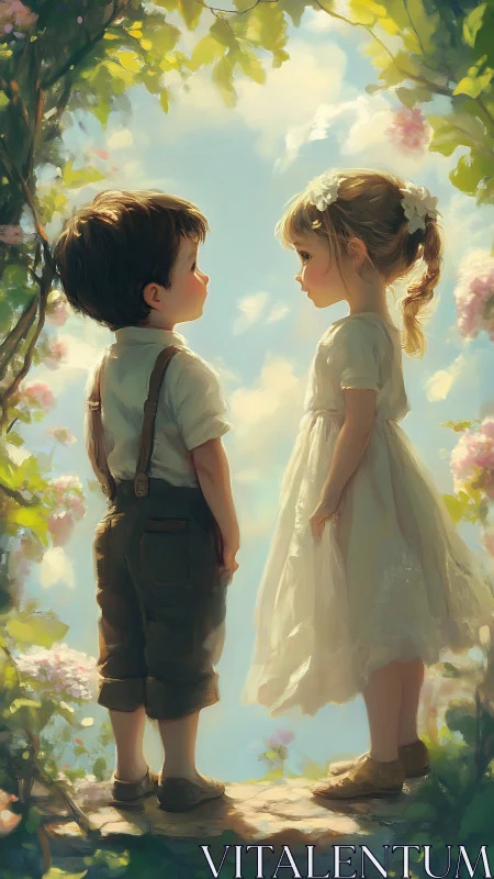 Two children meet beneath flowering vines in golden sunlight