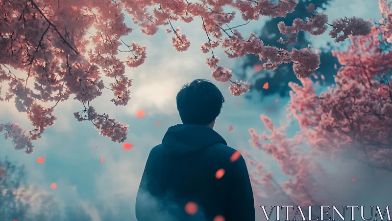 Figure under blooming cherry trees in soft atmospheric light.