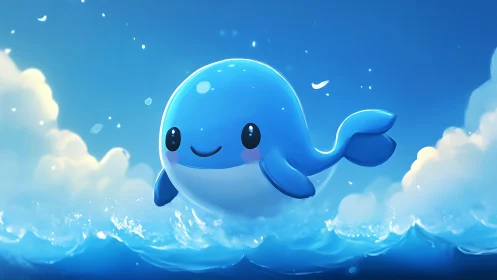 Kawaii blue whale character over stylized ocean waves.