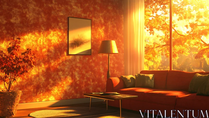 Sunlit orange living room with sofa, lamp and autumn foliage