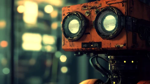 Rusty orange box robot with glowing round eyes indoors.