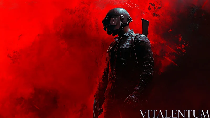 Armored shooter figure in red digital combat backdrop.