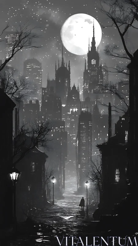 Nocturnal neo-gothic megacity under magnified lunar backlight.