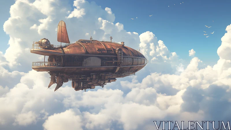 Steampunk copper airship cruising through luminous cloudscape.