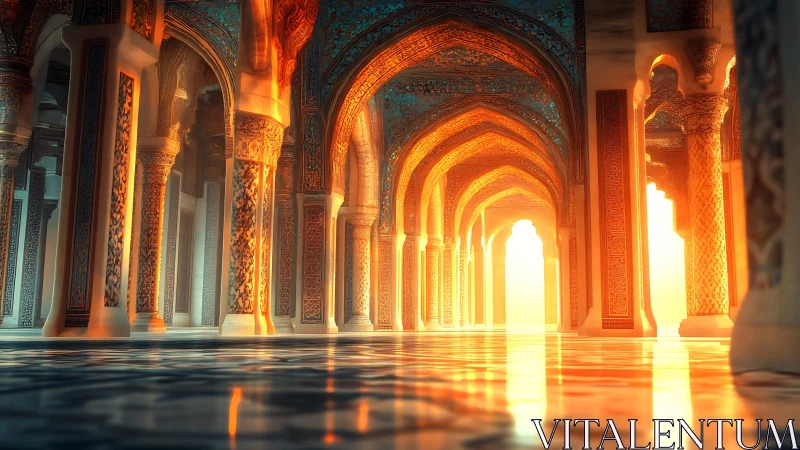 Sunlit ornate arches frame patterned corridor interior