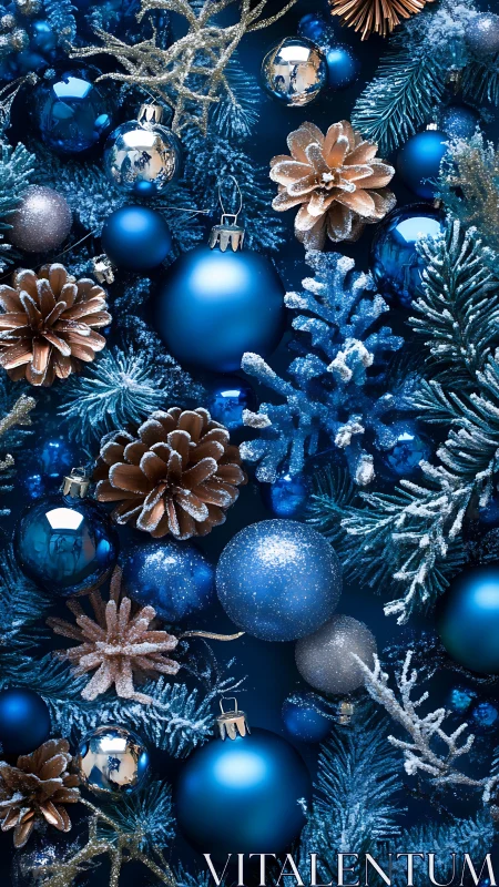 Blue metallic Christmas baubles with frosted pinecones.