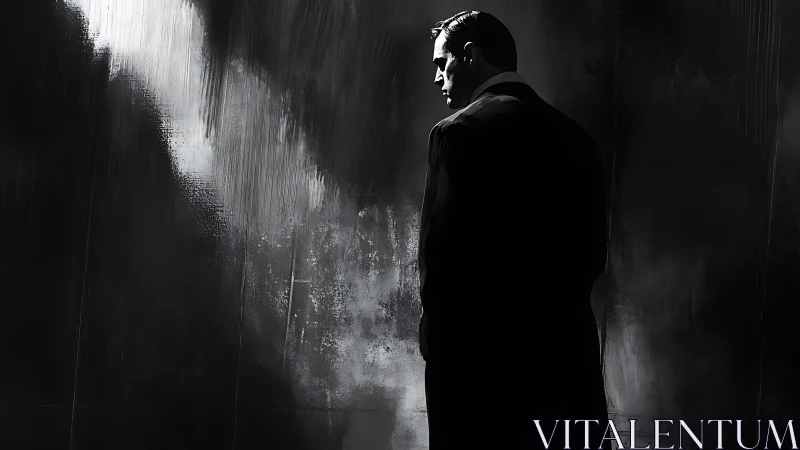 Noir-lit man in profile stands in stark chiaroscuro corridor
