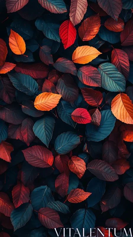 Moody autumn foliage with saturated red and teal leaves.