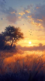 Golden meadow sunset with silhouetted tree and birds.