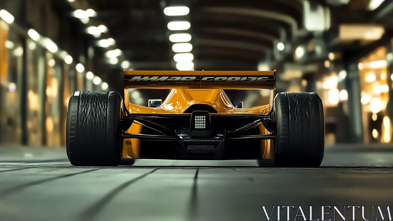 Sleek orange race car waiting to launch under city lights.
